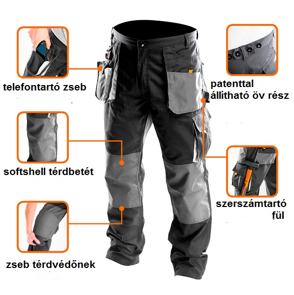 NADRÁG FEKETE/SZÜRKE NEO TOOLS L/52 MUNKARUHA