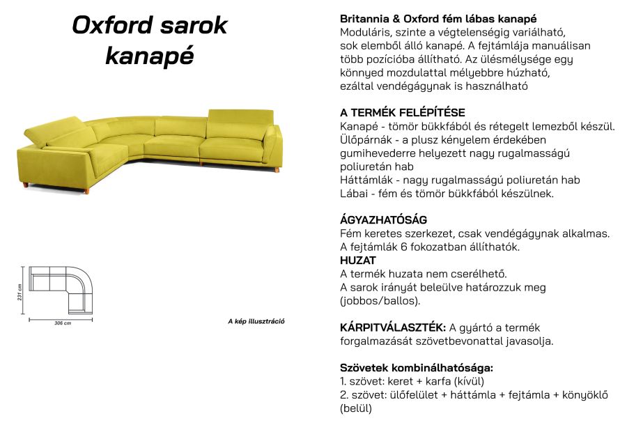 OXFORD SAROK KANAPÉ JOBBOS AMBIENTE ÁGYAZHATÓ, FÉM LÁB 