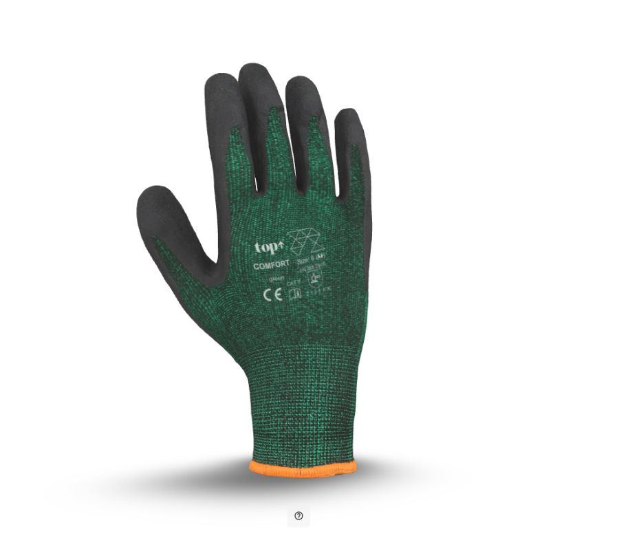 VÉDŐKESZTYŰ COMFORT, FEKETE-ZÖLD Méret: 10/XL LATEX MÁRTOTT POLIÉSZTER