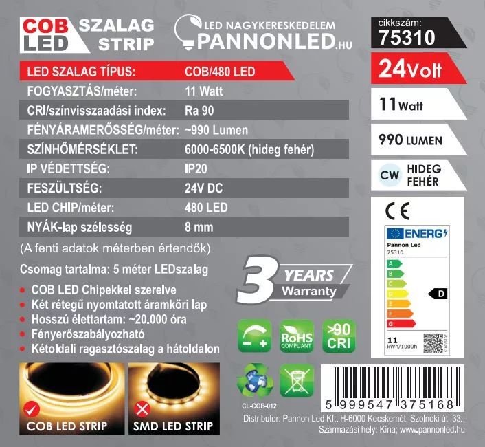 LED SZALAG BELTÉRI Hideg 5m 11W 24V 6000-6500K 990Lm 