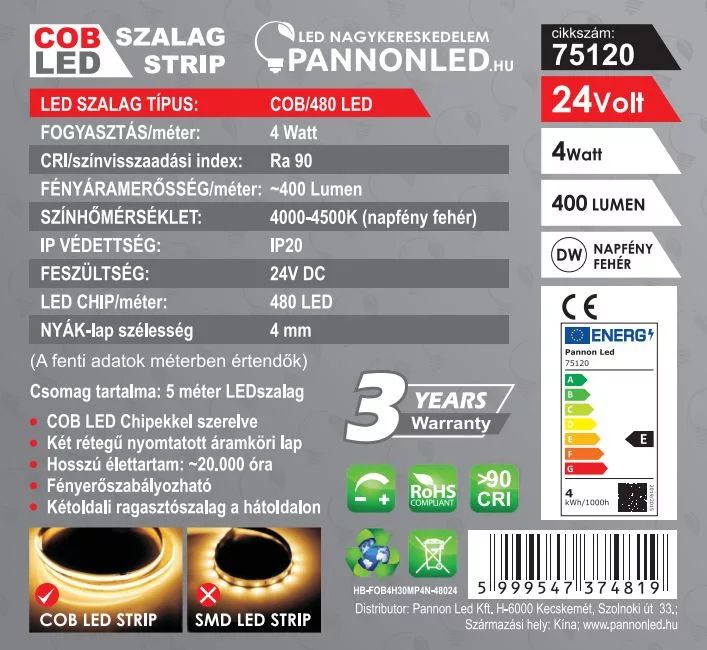 LED SZALAG BELTÉRI COB/480 5m 4W 24V 4000-4500K 400Lm 