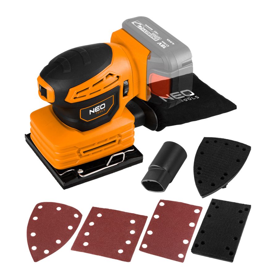 AKKUS SZÉNKEFEMENTES REZGŐCSISZOLÓ, ENER GY+ 18V, 3 CSERÉLHETŐ TALPPAL, AKKU NÉLK ÜL, NEO TOOLS
