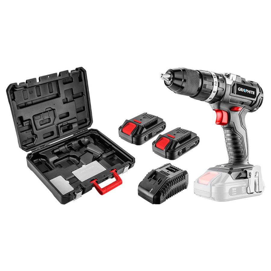 AKKUS SZÉNKEFEMENTES ÜTVEFÚRÓ ENERGY+, 2 DB AKKU+TÖLTŐ, 18V/2AH, 13MM, KOFFERBEN, GRAPHITE