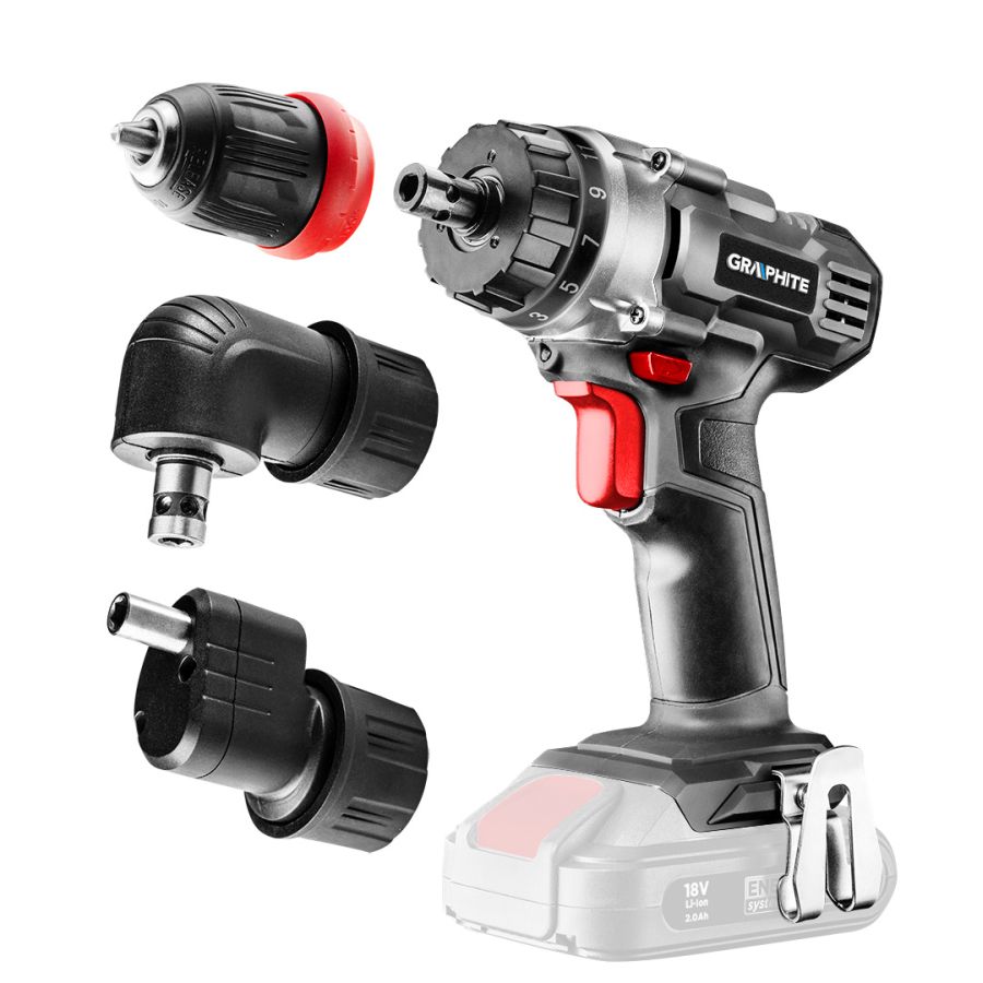 AKKUS FÚRÓ CSAVAROZÓ, ENERGY+ 18V, 3 LEV EHETŐ TOKMÁNNYAL 10MM, EGYENES, SAROK, P EREM. AKKU NÉLKÜL, GRAPHITE
