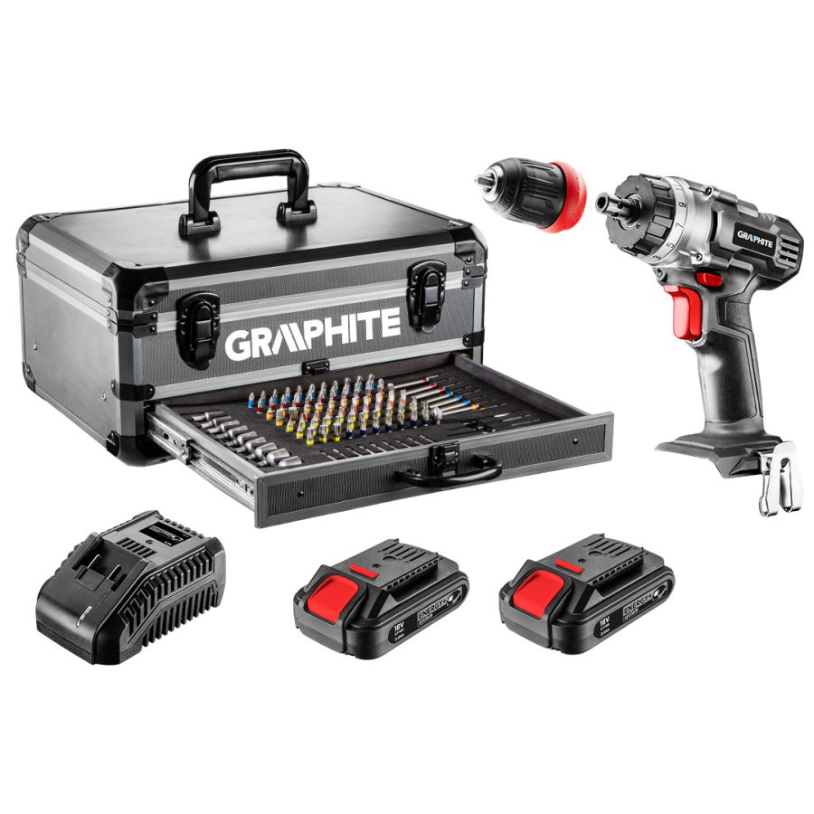 AKKUS FÚRÓ ENERGY+, 2DB AKKU+TÖLTŐ, 18V/ 2AH, 10MM, 109 KIEGÉSZÍTŐ, LEVEHETŐ FÚRÓ TOKMÁNY, ALU KOFFERBEN, GRAPHITE