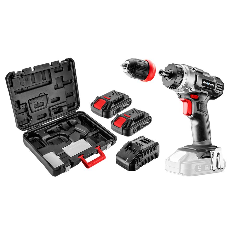 AKKUS FÚRÓ ENERGY+, 2DB AKKU+TÖLTŐ, 18V/ 2AH, LEVEHETŐ FÚRÓTOKMÁNY 10MM,KOFFERBEN GRAPHITE