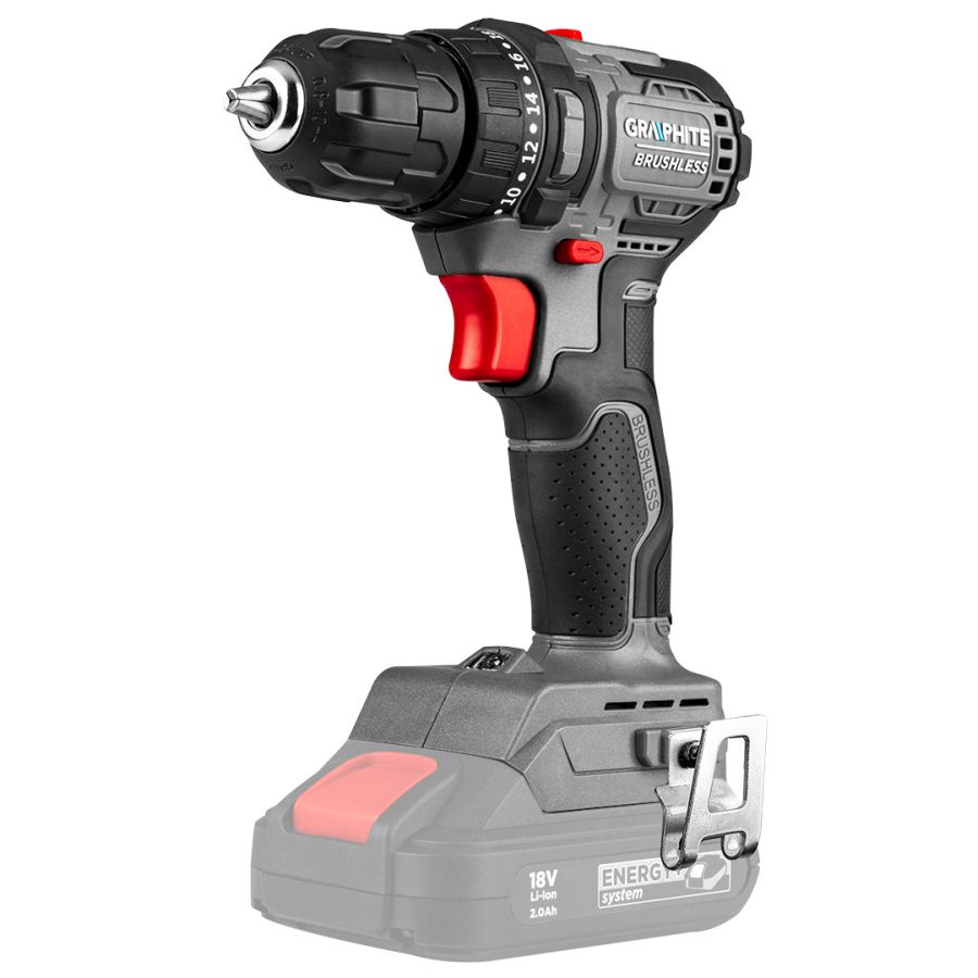 AKKUS SZÉNKEFEMENTES FÚRÓ, CSAVAROZÓ ENE RGY+, 18V, KOMPAKT, 10MM-ES TOKMÁNY, AKK U NÉLKÜL, GRAPHITE
