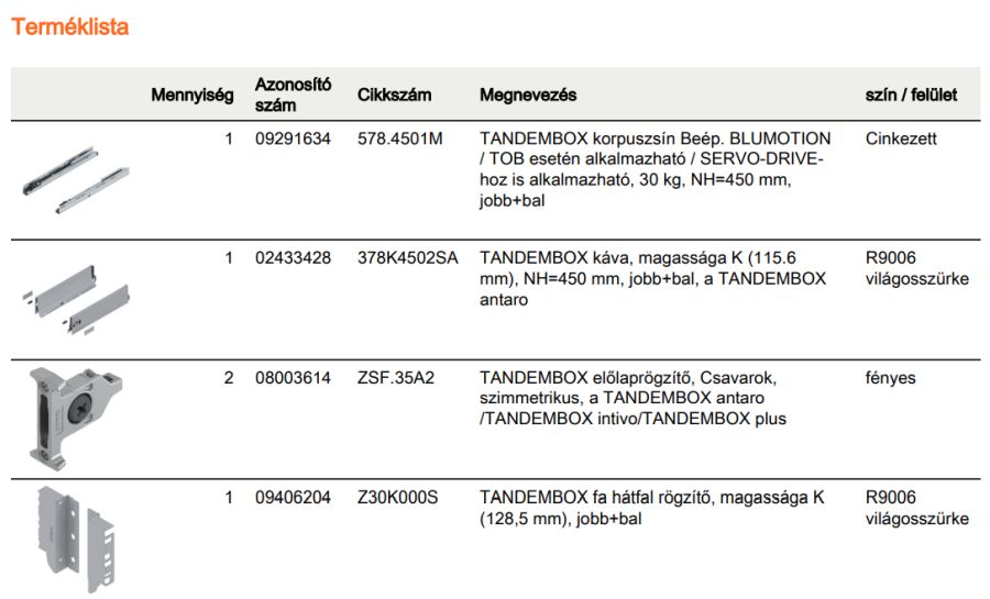 TANDEMBOX ANTARO K FRONTKIH. FIÓK SZÜRKE H=450mm, 30kg, BLUMOTION RENDSZEREZÉS NÉLKÜL