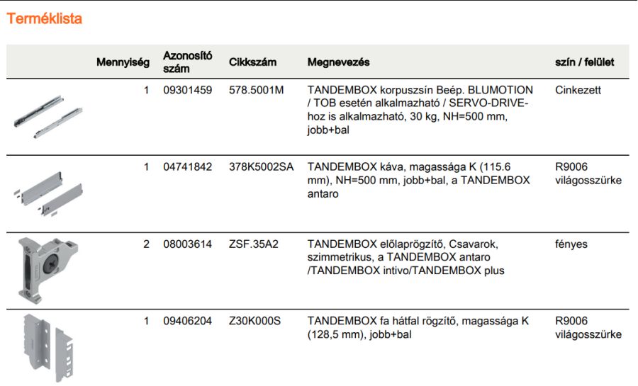 TANDEMBOX ANTARO K FRONTKIH. FIÓK SZÜRKE H=500mm, 30kg, BLUMOTION RENDSZEREZÉS NÉLKÜL