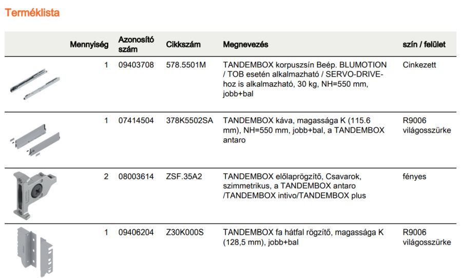 TANDEMBOX ANTARO K FRONTKIH. FIÓK SZÜRKE H=550mm, 30kg, BLUMOTION RENDSZEREZÉS NÉLKÜL