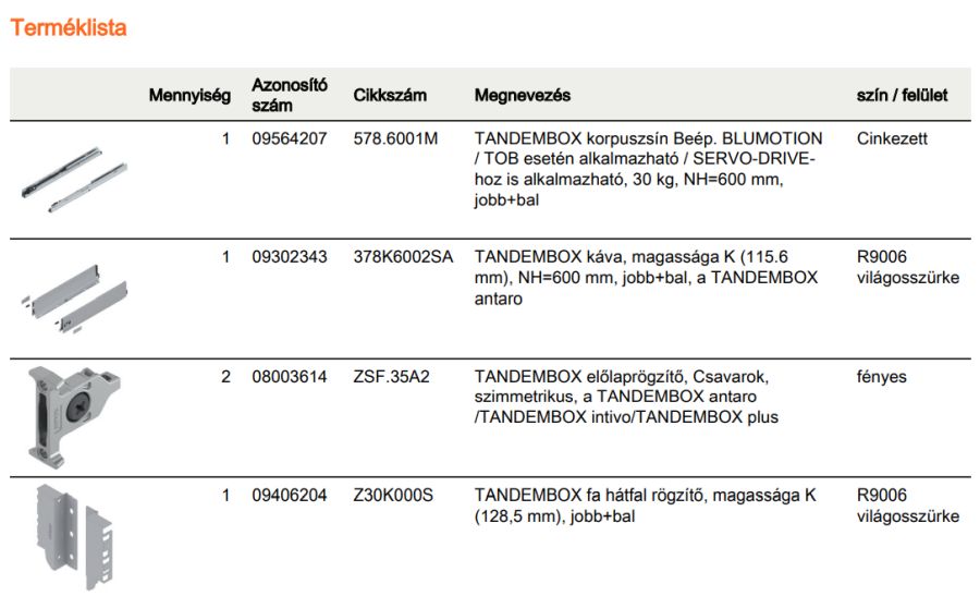 TANDEMBOX ANTARO K FRONTKIH. FIÓK SZÜRKE H=600mm, 30kg, BLUMOTION RENDSZEREZÉS NÉLKÜL