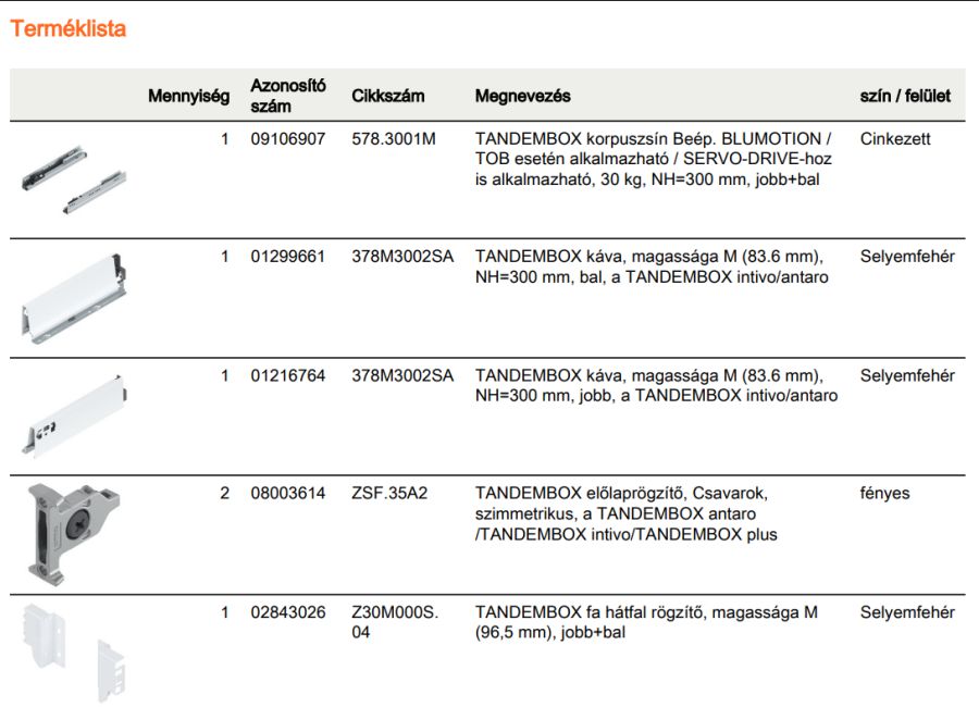 TANDEMBOX ANTARO M FRONTKIH. FIÓK FEHÉR H=300mm, 30kg, BLUMOTION RENDSZEREZÉS NÉLKÜL
