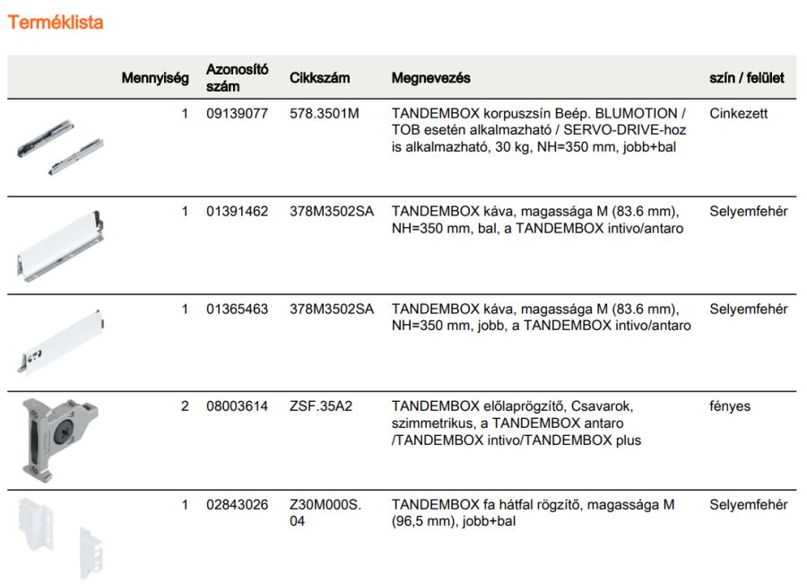 TANDEMBOX ANTARO M FRONTKIH. FIÓK FEHÉR H=350mm, 30kg, BLUMOTION RENDSZEREZÉS NÉLKÜL
