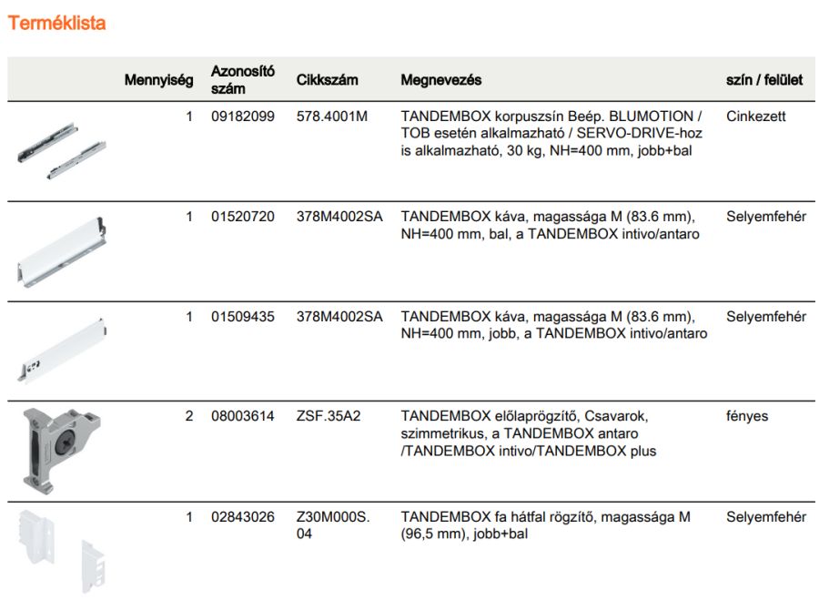 TANDEMBOX ANTARO M FRONTKIH. FIÓK FEHÉR H=400mm, 30kg, BLUMOTION RENDSZEREZÉS NÉLKÜL