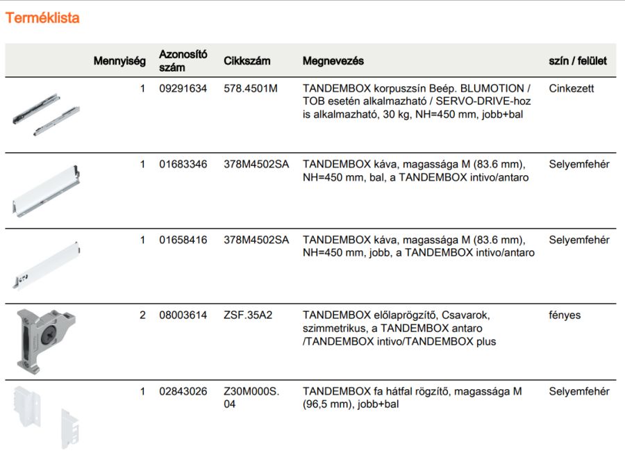 TANDEMBOX ANTARO M FRONTKIH. FIÓK FEHÉR H=450mm, 30kg, BLUMOTION RENDSZEREZÉS NÉLKÜL