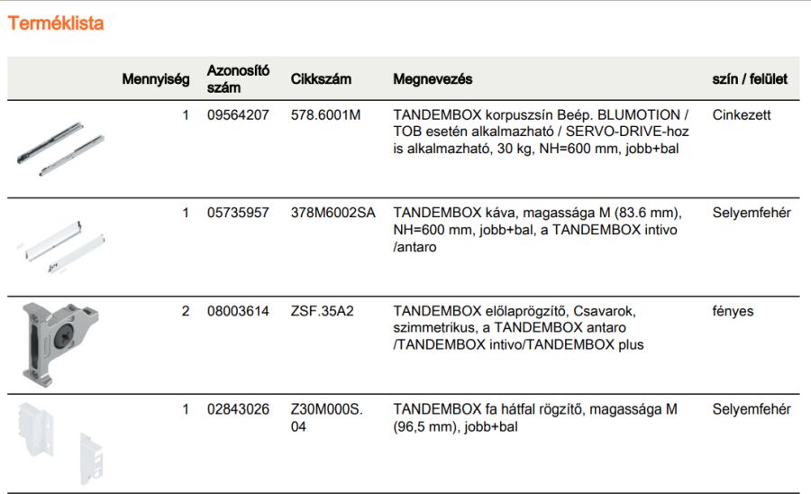 TANDEMBOX ANTARO M FRONTKIH. FIÓK FEHÉR H=600mm, 30kg, BLUMOTION RENDSZEREZÉS NÉLKÜL