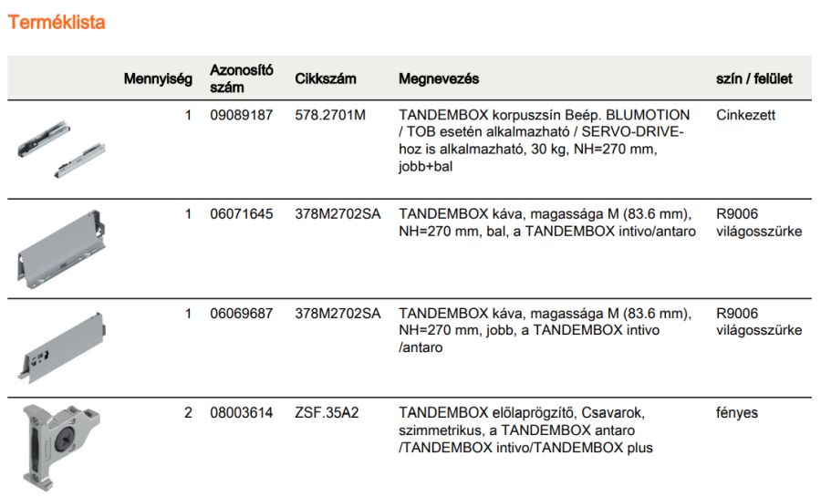 TANDEMBOX ANTARO M FRONTKIH. FIÓK SZÜRKE H=270mm, 30kg, BLUMOTION RENDSZEREZÉS NÉLKÜL
