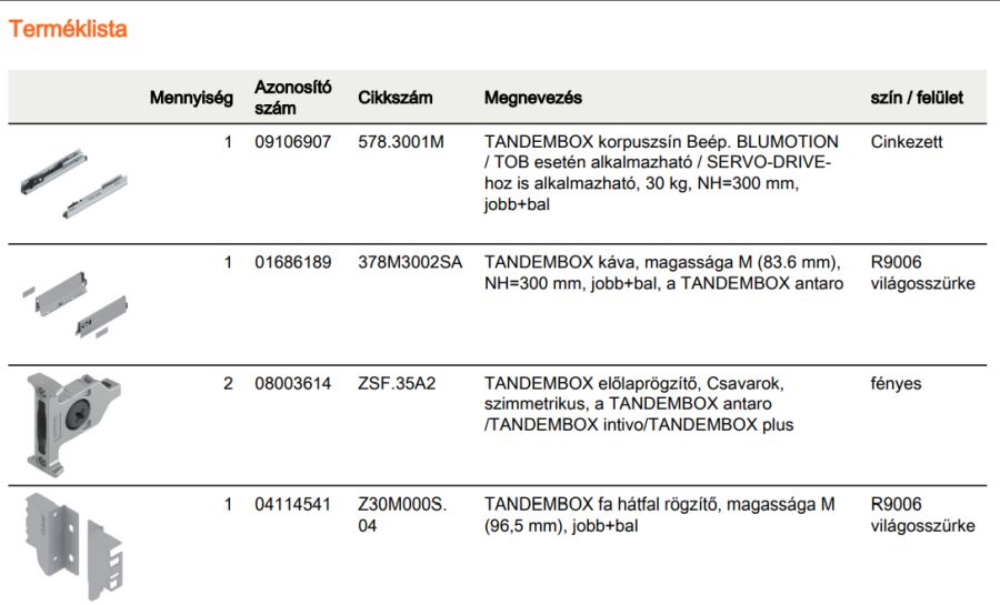 TANDEMBOX ANTARO M FRONTKIH. FIÓK SZÜRKE H=300mm, 30kg, BLUMOTION RENDSZEREZÉS NÉLKÜL