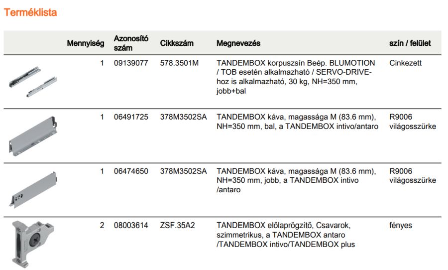TANDEMBOX ANTARO M FRONTKIH. FIÓK SZÜRKE H=350mm, 30kg, BLUMOTION RENDSZEREZÉS NÉLKÜL