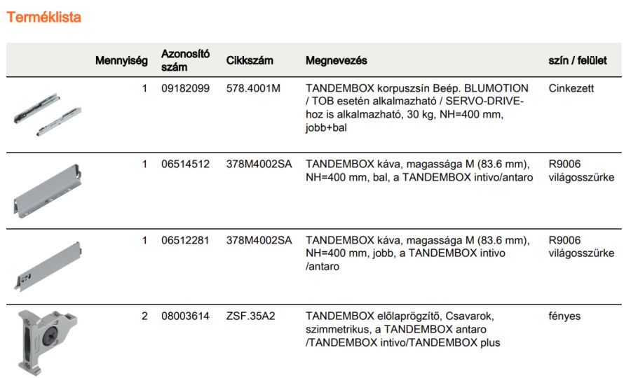 TANDEMBOX ANTARO M FRONTKIH. FIÓK SZÜRKE H=400mm, 30kg, BLUMOTION RENDSZEREZÉS NÉLKÜL