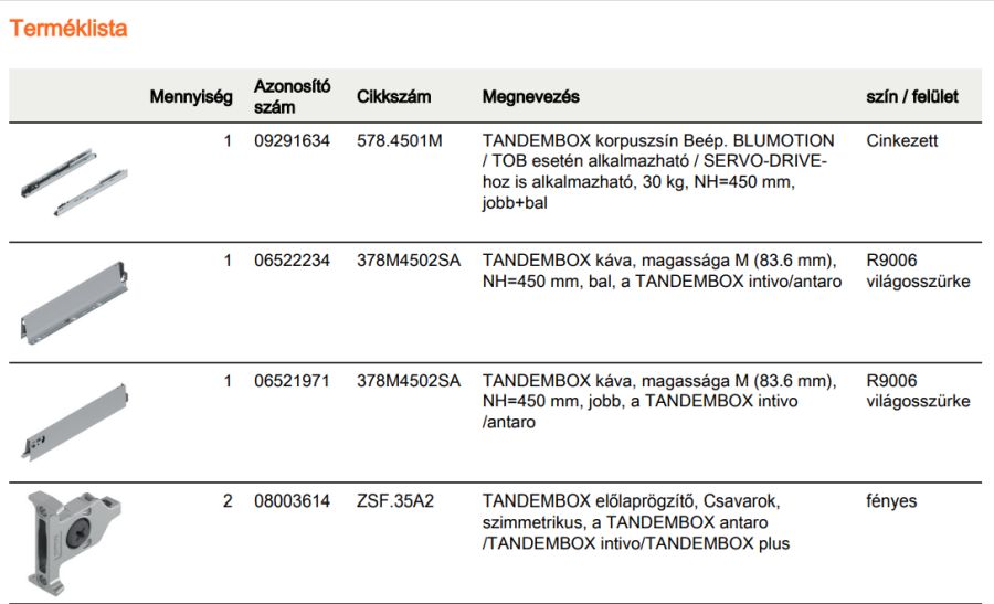 TANDEMBOX ANTARO M FRONTKIH. FIÓK SZÜRKE H=450mm, 30kg, BLUMOTION RENDSZEREZÉS NÉLKÜL