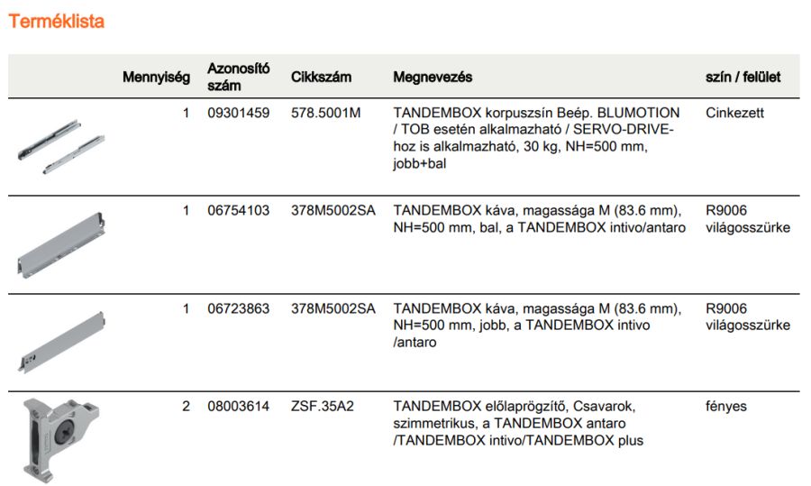 TANDEMBOX ANTARO M FRONTKIH. FIÓK SZÜRKE H=500mm, 30kg, BLUMOTION RENDSZEREZÉS NÉLKÜL