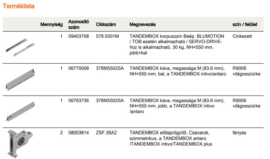 TANDEMBOX ANTARO M FRONTKIH. FIÓK SZÜRKE H=550mm, 30kg, BLUMOTION RENDSZEREZÉS NÉLKÜL