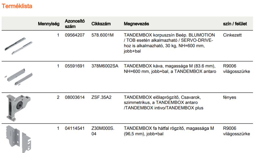 TANDEMBOX ANTARO M FRONTKIH. FIÓK SZÜRKE H=600mm, 30kg, BLUMOTION RENDSZEREZÉS NÉLKÜL