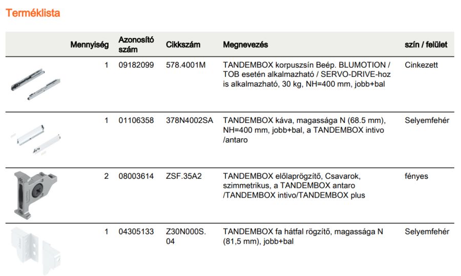 TANDEMBOX ANTARO N FRONTKIH. FIÓK FEHÉR H=400mm, 30kg, BLUMOTION RENDSZEREZÉS NÉLKÜL