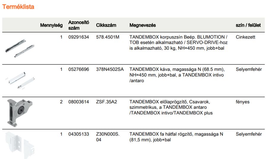 TANDEMBOX ANTARO N FRONTKIH. FIÓK FEHÉR H=450mm, 30kg, BLUMOTION RENDSZEREZÉS NÉLKÜL
