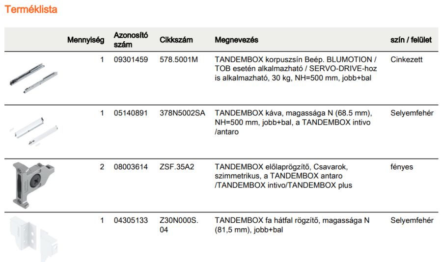 TANDEMBOX ANTARO N FRONTKIH. FIÓK FEHÉR H=500mm, 30kg, BLUMOTION RENDSZEREZÉS NÉLKÜL