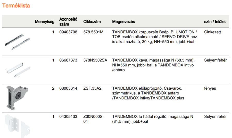 TANDEMBOX ANTARO N FRONTKIH. FIÓK FEHÉR H=550mm, 30kg, BLUMOTION RENDSZEREZÉS NÉLKÜL
