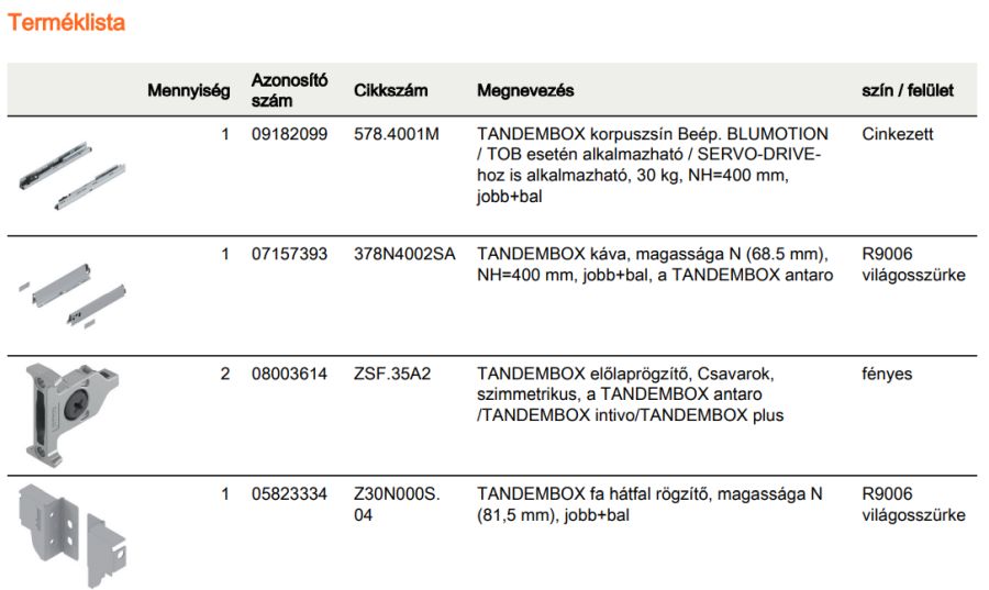 TANDEMBOX ANTARO N FRONTKIH. FIÓK SZÜRKE H=400mm, 30kg, BLUMOTION RENDSZEREZÉS NÉLKÜL