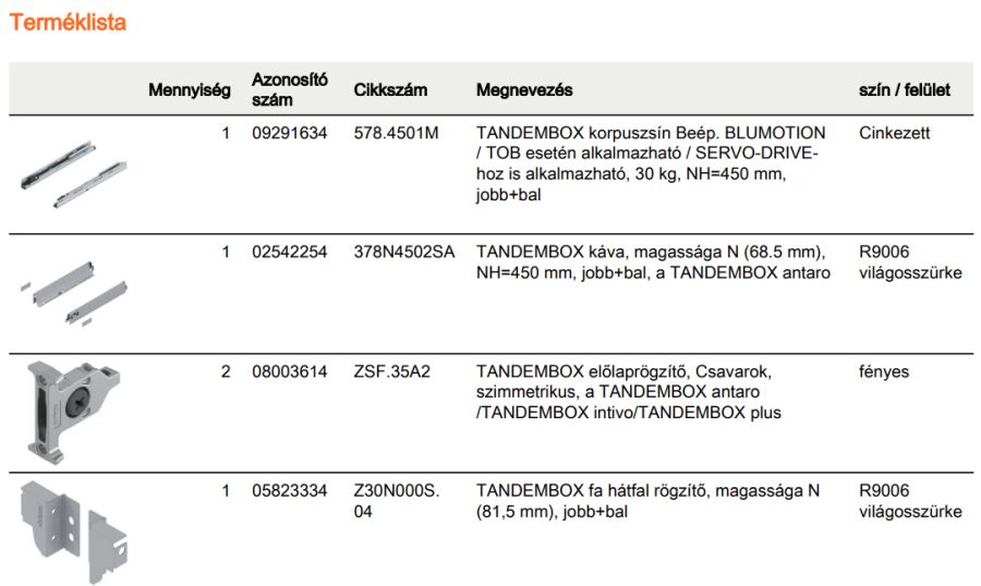 TANDEMBOX ANTARO N FRONTKIH. FIÓK SZÜRKE H=450mm, 30kg, BLUMOTION RENDSZEREZÉS NÉLKÜL