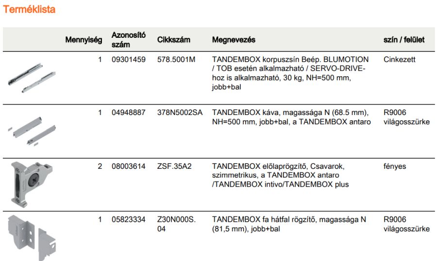 TANDEMBOX ANTARO N FRONTKIH. FIÓK SZÜRKE H=500mm, 30kg, BLUMOTION RENDSZEREZÉS NÉLKÜL