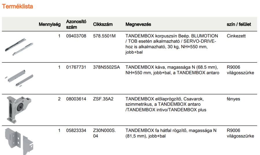 TANDEMBOX ANTARO N FRONTKIH. FIÓK SZÜRKE H=550mm, 30kg, BLUMOTION RENDSZEREZÉS NÉLKÜL