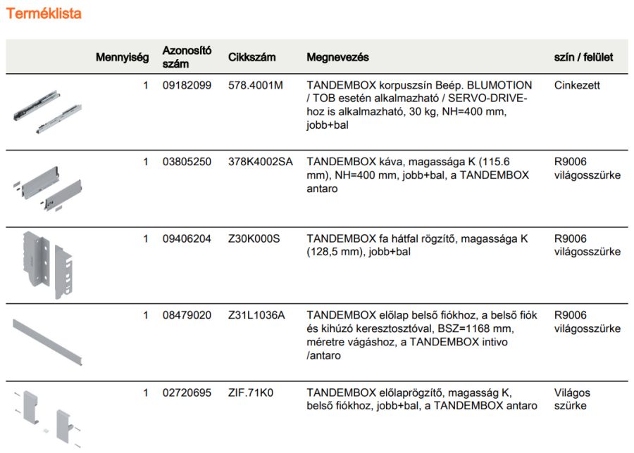 TANDEMBOX ANTARO K BELSŐ FIÓK SZÜRKE H=400mm, 30kg, BLUMOTION RENDSZEREZÉS NÉLKÜL