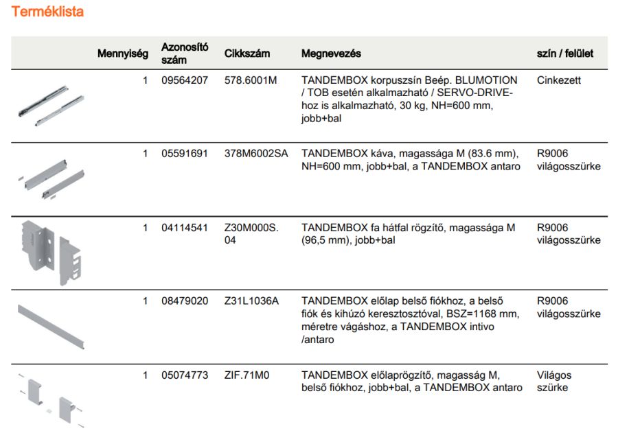 TANDEMBOX ANTARO M BELSŐ FIÓK SZÜRKE H=600mm, 30kg, BLUMOTION RENDSZEREZÉS NÉLKÜL
