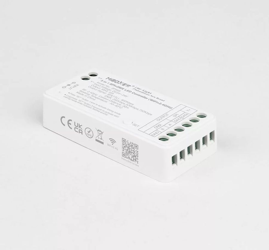 MiBoxer 5 Az 1-ben digitális SPI+DMX Sin Color/CCT/RGB/RGBW/RGB+CCT Led Zóna Vezérlő DC5-24V 10A